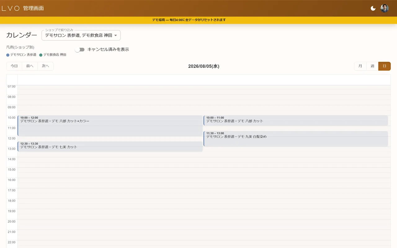 CALVO管理画面のカレンダー日表示。1日の時間軸に予約が並ぶ